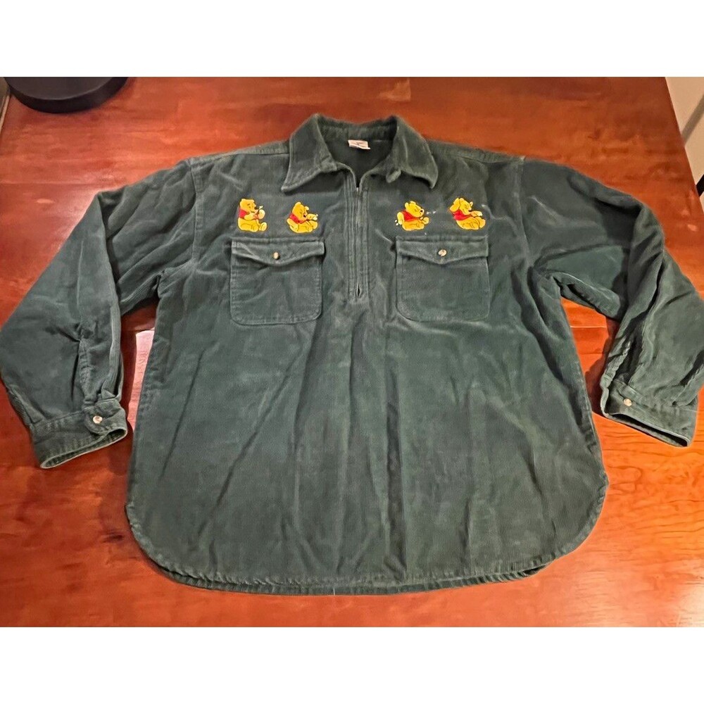 Vintage Winnie the Pooh Green Corduroy Embroidered 1/2 Zip Pullover Pockets Sz L